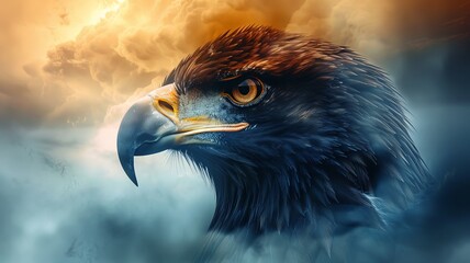 Majestic eagle head with intense gaze, sky blending with dramatic clouds in background, showcasing strength and power.
