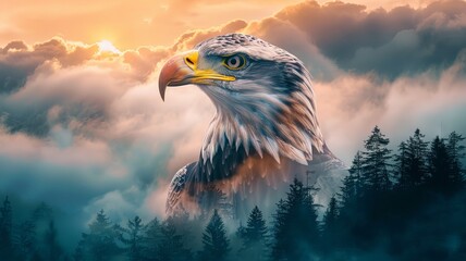 Fototapeta premium Majestic eagle in misty forest at sunrise, symbolic of freedom and power, with beautiful natural scenery.