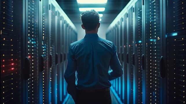 A man stands among servers in a functional server room
