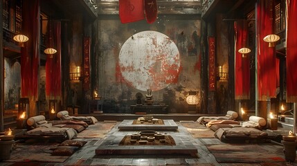 Ceremonial Sectional Sofas in Ornate Spiritual Sanctuary with Ritual Symbols and Meditative Ambiance