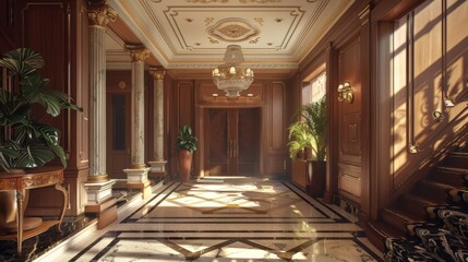 Fototapeta premium Voluminous room showcasing a piano, an extensive book collection, and a prominent window, embodying a scholarly, refined ambiance.