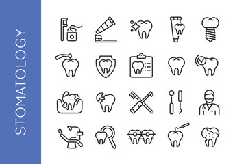Stomatology icons set. 20 stomatology trendy minimal icons. Tooth, dental drill, tooth brush, tooth paste, dental chair, oral hygiene, implant, crown, floss icons. Vector illustration.