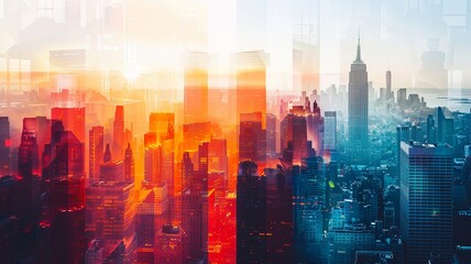 Stunning abstract cityscape photo blending sunlight and urban skyline elements, creating a vibrant and dynamic visual effect.
