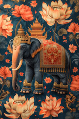 Seamless Thai-inspired tile pattern with decorated elephants and vibrant lotus flowers