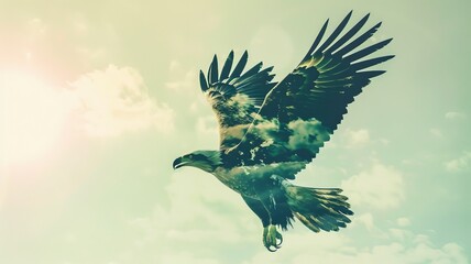 Surreal double exposure of an eagle in flight with a green, cloudy sky blending into its feathers, evoking freedom and nature's beauty.