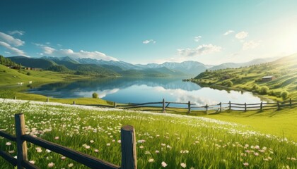 Fototapeta premium A stunning spring day landscaping views of fertile land surrounded beautiful green vegetation, wide stretches of hills and mountains with clear skies in spring