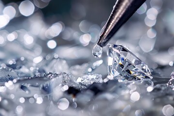 A close-up photo of a diamond being cut with a precision faceting tool. Water droplets cling to the diamond, highlighting the intricate details of the cutting process.