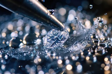 A close-up photo of a diamond being cut with a precision faceting tool. Water droplets cling to the diamond, highlighting the intricate details of the cutting process.