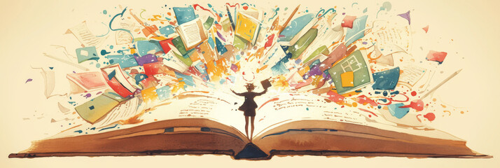 Creative Explosion of Knowledge from Open Book with Vibrant Colors and Abstract Elements