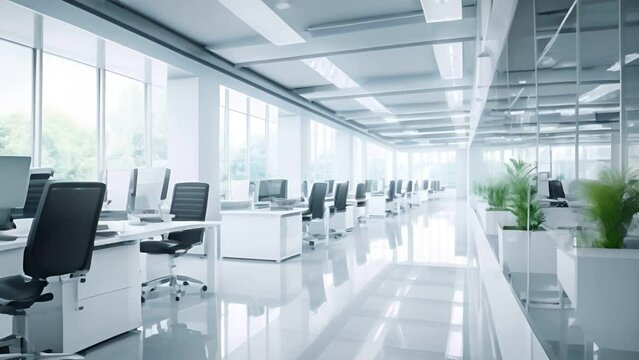 Abstract blurred empty space office interior room , Modern office with computer on desk