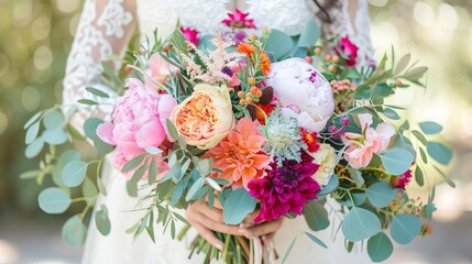 Wedding bouquet with vibrant peonies, dahlias, and eucalyptus, rich and colorful blooms, rustic charm, tied with lace, highdefinition bridal flower photography, Close up