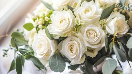 Wedding bouquet with white roses and greenery, elegant ribbon wrap, soft natural light, delicate and romantic floral arrangement, highresolution closeup photography, Close up