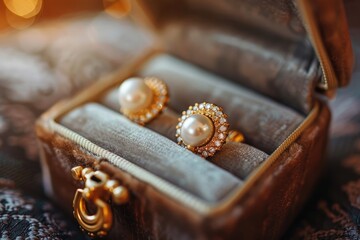 A close-up photo of a velvet jewelry box with a gold clasp, opened to reveal a pair of pearl...
