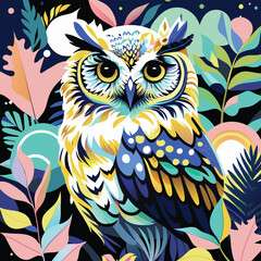 Fototapeta premium A Colorful Owl Surrounded by Abstract Floral Patterns