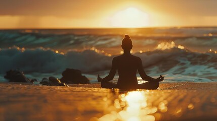 Yoga meditation at sunrise on a serene beach