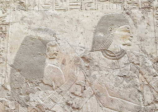Exquisite wall relief of the noble man Ramose and his wife Merit-Ptah in amarna style in the Tomb of Ramose,Grand Vizier to Amenhotep III and Akhenaten, TT55 in the Tomb of Nobles area in Luxor,Egypt