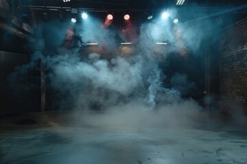 The dark stage shows, dark background, an empty dark scene, neon light, and spotlights The concrete floor and studio room with smoke float up the interior texture for display products - generative ai