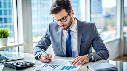 Professional Accountant: Portrait of a professional accountant with financial reports and a calculator, highlighting accuracy and financial expertise.
