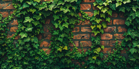A perspective shot of a brick wall with creeping ivy, featuring lush green vines that add a touch of nature to the rugged brick surface.
