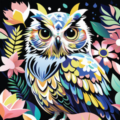 Fototapeta premium Colorful Owl with Floral Background