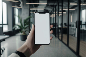 Smartphone mockup with white screen in hand on the background of the office
