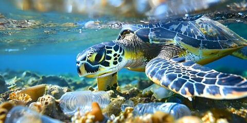 Struggles of a Sea Turtle in Plastic-Polluted Ocean: An Environmental Wake-Up Call. Concept Plastic Pollution, Marine Conservation, Environmental Impact, Endangered Species, Ocean Health