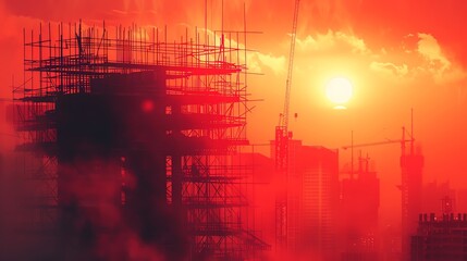 A city skyline under construction with a fiery sunset, scaffolding visible, and cranes at work, bathed in warm, intense red light.