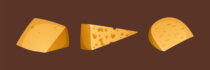 Different types of cheeses vector set on a brown background. Colorful and bright set in realistic style. Four cheeses: cheddar, gouda and maasdam. Slices and rat of cheese. Ideal for posters and