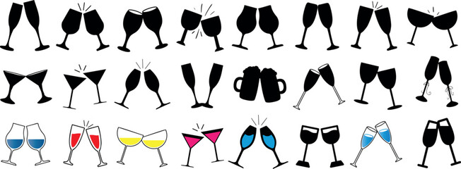 wineglass and toasting glasses vector, diverse drinkware collection, featuring wine glasses, champagne flutes, cocktail glasses, filled with colored liquid, perfect for celebration and toasting
