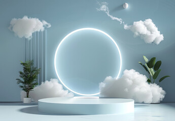 Abstract cloud podium scene with glowing ring for product presentation. Created with Ai