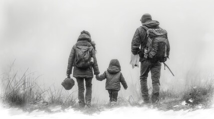 pencil drawing illustration, family refugees fleeing war into the unknown	
