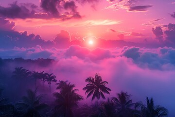 Stunning purple and pink sunrise over lush tropical forest with palm trees and dramatic clouds, creating a serene and magical atmosphere.