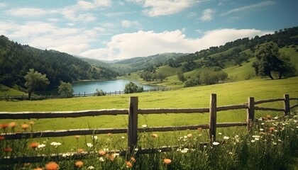 Fototapeta premium A stunning spring day landscaping views of fertile land surrounded beautiful green vegetation, wide stretches of hills and mountains with clear skies in spring