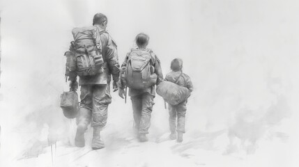 pencil drawing illustration, family refugees fleeing war into the unknown	
