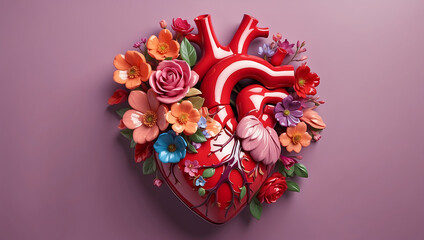 A stylized anatomical heart made of glossy material, adorned with various vibrant flowers in shades of red, pink, and peach, set against a solid mauve background