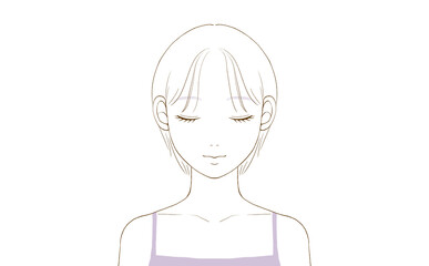 目を閉じている若い女性 の正面（ショートヘア）