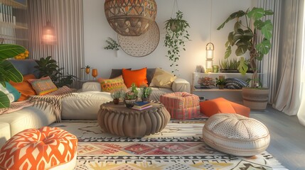 A contemporary living room with a bohemian chic vibe featuring eclectic furniture colorful textiles and an array of plants that add a touch of nature to
