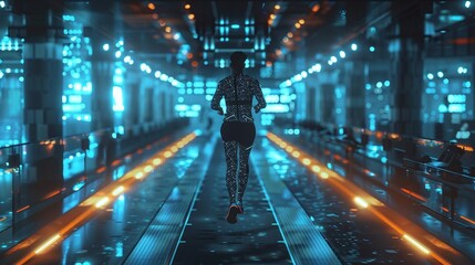 A fitness enthusiast using advanced technology and wearable devices in a hightech gym