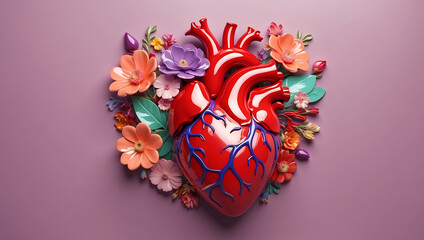 A stylized anatomical heart made of glossy material, adorned with various vibrant flowers in shades of red, pink, and peach, set against a solid mauve background