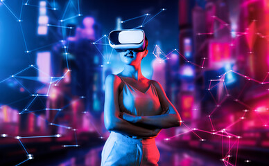 Female stand in virtual reality cyberpunk style building wear VR headset connect metaverse, future...