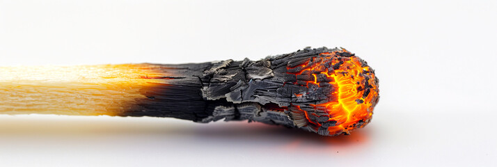 Burnt match isolated on a white background for text banner, header, footer. Smoldering match black and red texture, wood and fire danger. 