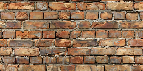 Obraz premium A vintage brick wall, straight-on shot, with a slightly weathered texture and muted colors, adding a touch of history and character. The lighting is soft and even, enhancing the vintage feel. 