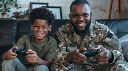 Happy african american father wearing military uniform and his son playing video games