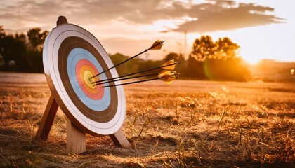 Archery target sits in field with several arrows making their mark
