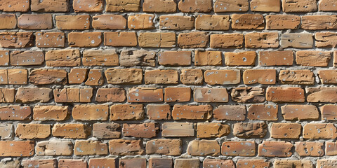 Fototapeta premium A vintage brick wall, straight-on shot, with a slightly weathered texture and muted colors, adding a touch of history and character. The lighting is soft and even, enhancing the vintage feel. 