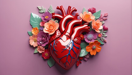 A stylized anatomical heart made of glossy material, adorned with various vibrant flowers in shades of red, pink, and peach, set against a solid mauve background