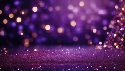 A purple christmas background glitters are scattered on a wooden surface with purple glitter.