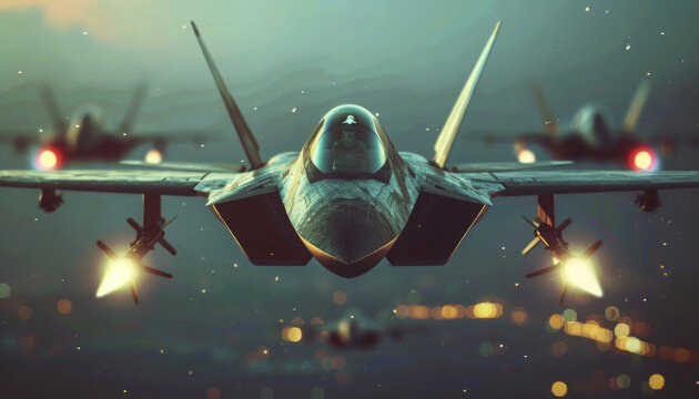 Modern stealth fighter plane. Flight in formation, flyby and landing, take off bombing, dog fight, firing missile