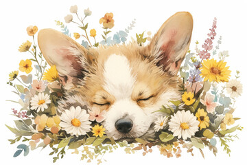 Sleepy Corgi in Floral Bed Cute Puppy Surrounded by Colorful Flowers