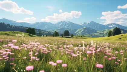 Fototapeta premium A stunning spring day landscaping views of fertile land surrounded beautiful green vegetation, wide stretches of hills and mountains with clear skies in spring
